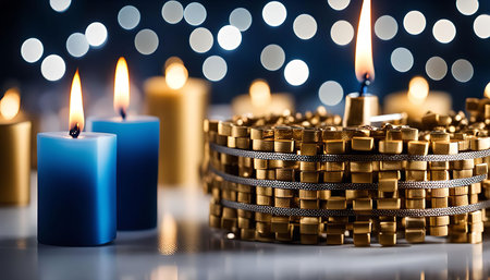 Close up of blue candles burning in front of a bokeh background with golden decorの写真素材