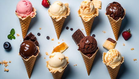 A variety of ice cream cones with chocolate, vanilla, and strawberry flavors arranged on a blue background.の写真素材