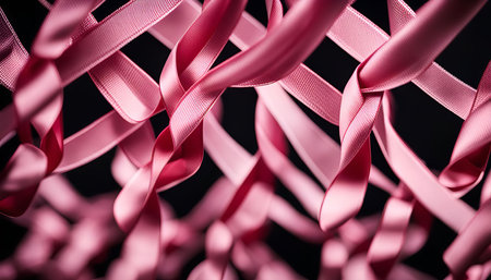A close-up shot of a pink ribbon with an abstract pattern and a glossy surface. It creates a beautiful and elegant design.の写真素材