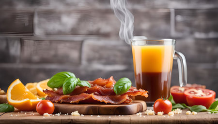 A delicious breakfast with crispy bacon, fresh orange juice and a steaming beverage. A perfect combination of savory and sweet flavors.の写真素材