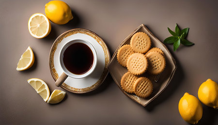 A flatlay of tea, biscuits and lemon slices on a brown backgroundの写真素材