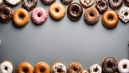 A variety of donuts in different colors and designs, arranged in a frame around a gray background. The donuts are glazed, sprinkled, and topped with chocolate icing.の写真素材