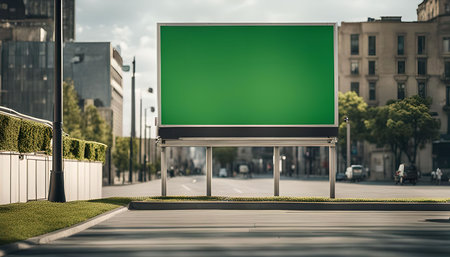 A large green screen billboard in an urban setting. The billboard is positioned on the side of a busy city street, with buildings and trees in the background. The billboard is blank, making it ideal for showcasing any type of advertisement.の写真素材