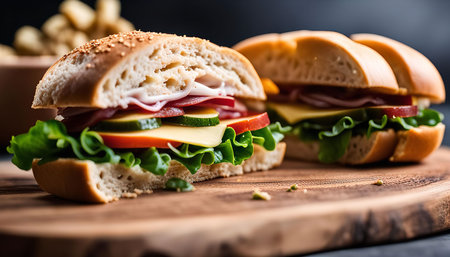 Two sandwiches with various fillings on a wooden board, creating a delicious and appetising image.の写真素材
