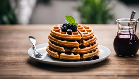 A stack of golden waffles topped with fresh berries and a side of syrup, a mouthwatering breakfast treat.の写真素材