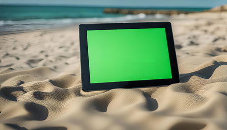 A tablet computer is placed on a sandy beach, with the ocean and sky visible in the background.の写真素材