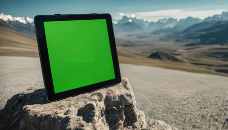 A tablet with a green screen sits on a rocky outcrop overlooking a vast mountain range with snow-capped peaks in the distance.の写真素材
