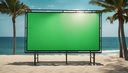 A large green screen billboard on a tropical beach with palm trees and the ocean in the backgroundの写真素材