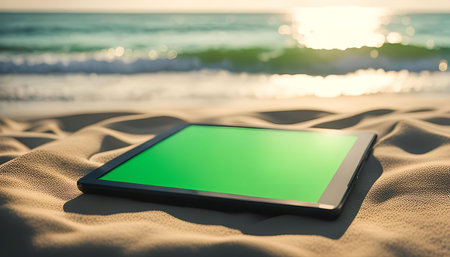 A tablet computer rests on a sandy beach, with the ocean and sunset in the background.の写真素材