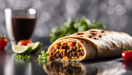 A close up of a delicious Mexican burrito with filling and toppings, showing the meat, corn, tomatoes and cheese inside.の写真素材