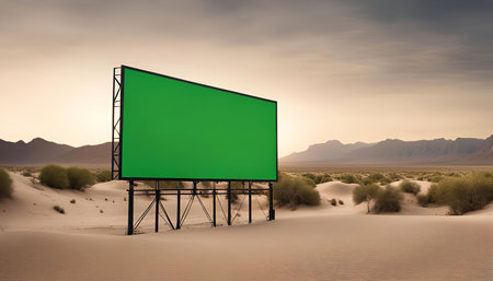 A large billboard stands in a desert landscape, with its green surface blank and ready for a message. The sand dunes stretch out in the distance, with mountains on the horizon.の写真素材