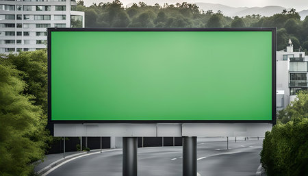 A large green screen billboard mockup in a cityscape, ideal for showcasing advertising or marketing campaigns.の写真素材