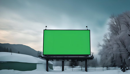 A green screen billboard stands in a snowy landscape. The billboard is empty, and the background is a snowy forest. The sky is overcast, and the trees are frosted.の写真素材