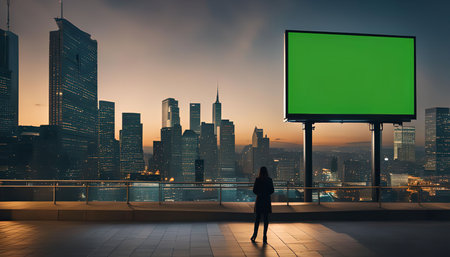 A silhouette of a woman stands on a rooftop overlooking a city skyline, with a large green screen billboard in the foreground.の写真素材