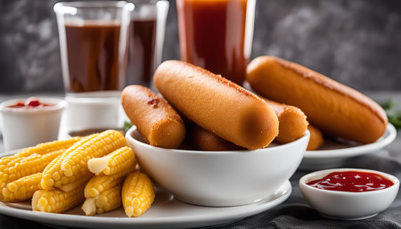 A close-up of a plate of cheese sticks, corn, and ketchup. The cheese sticks are golden brown and...