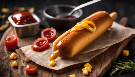 A close up shot of a delicious corn dog with mustard and ketchup. The corn dog is fried to perfection, and the mustard and ketchup are drizzled over it.の写真素材