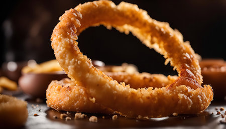 Closeup of crispy golden brown onion rings, freshly fried and ready to eat. A classic American comfort food.の写真素材