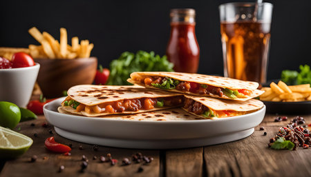 A closeup of three quesadillas filled with cheese, meat, and vegetables on a white plate, accompanied by a side of french fries, a glass of beverage, and a bottle of ketchup. The image captures the warmth and inviting nature of this popular Mexican dish.の写真素材