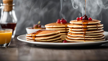 A stack of golden pancakes drizzled with syrup, topped with red berries and a steamy ambiance. A...