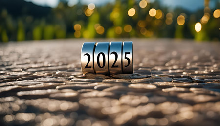 Close-up shot of a 2025 new year countdown clock on a cobblestone path with blurred lights in the background.の写真素材