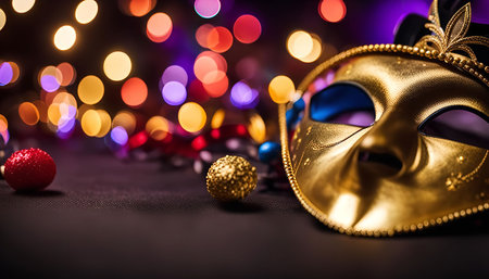 A close-up image of a golden Venetian mask, decorated with ornate details. The mask is set against a dark background with blurry lights, creating a festive and glamorous atmosphere.の写真素材
