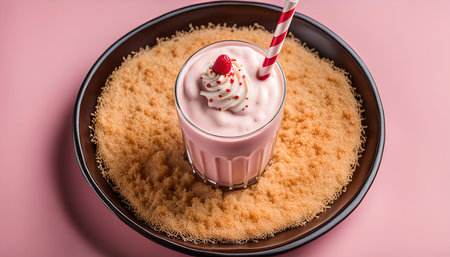 A strawberry milkshake with whipped cream and a cherry, served on a plate with brown crumbs. It looks delicious and refreshing.の写真素材