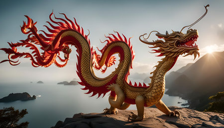 A majestic dragon statue, with its golden scales and red flames, stands proudly on a cliff overlooking the serene ocean. The mythical creature appears to be guarding the coastline, its powerful presence commanding attention.の写真素材