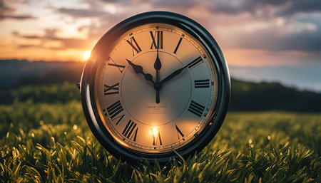 A close-up shot of an analog clock in a field of grass against a golden sunset sky. The clock face...
