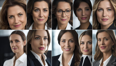 A collection of headshots, capturing various female expressions.の写真素材