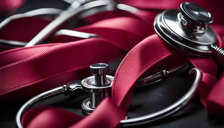 A close-up image of a stethoscope with a red ribbon, symbolizing heart health and medical care.の写真素材