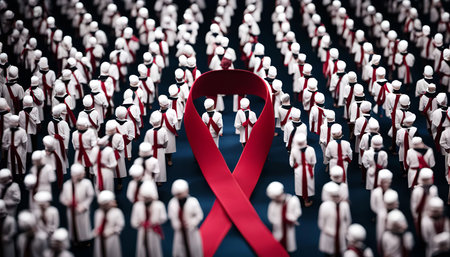A red ribbon, symbolizing hope and unity, stands out amongst a crowd of figures, representing...
