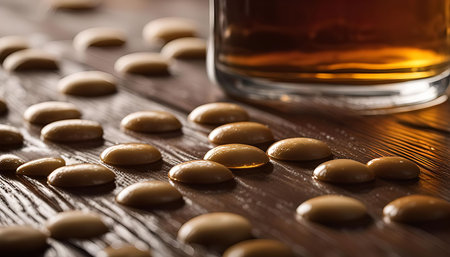 A close-up shot of a brown drink on a wood table with round brown candies, the glass of drink has a dark brown liquid with a smooth surface.の写真素材