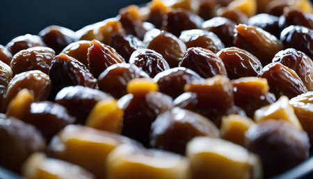 A closeup of dates, arranged in a plate. The dates are brown and yellow, and they are glossy and shiny. The image is taken in a dark setting.の写真素材