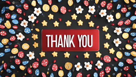 A vibrant thank you card with a red background and white text surrounded by colorful flowers, stars, and other decorations on a black background.の写真素材
