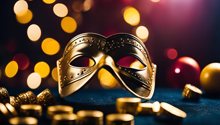A close-up of a golden masquerade mask with bokeh lights in the background, hinting at a festive atmosphere.の写真素材