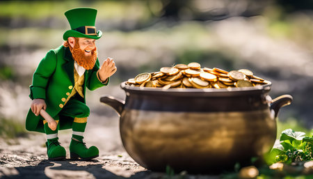 A Leprechaun smiles at his pot of gold, a traditional Irish symbol of good luck and fortuneの写真素材