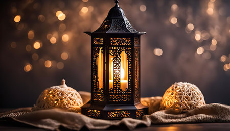 A close-up of an ornate lantern with a warm glow, set against a background of blurred lights. The...