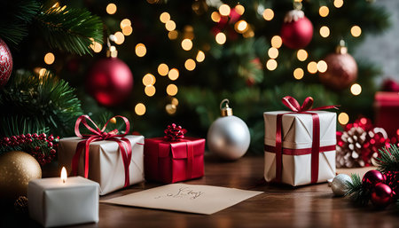 A close-up of Christmas gifts wrapped in paper and tied with red ribbon, placed under a decorated Christmas tree with ornaments and lightsの写真素材