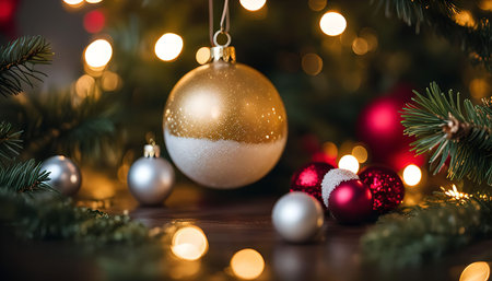 A close-up of a gold and white Christmas ornament hanging on a decorated Christmas tree. The ornament is surrounded by twinkling lights and other Christmas decorations, creating a festive and celebratory atmosphere.の写真素材