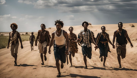 A group of people running through a dusty road in the desert. They look determined and are heading towards the horizon.の写真素材