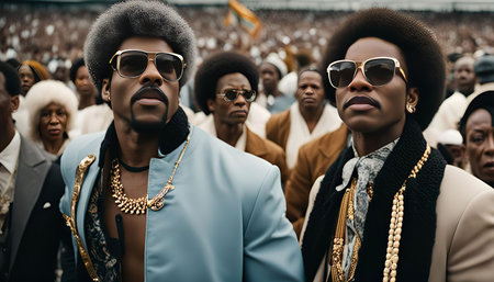 Two men in a crowd, both wearing stylish sunglasses and gold chains. One has a light blue suit and...