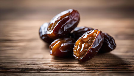 Close-up of dates on a wooden table. The dates are brown and shiny, and they look delicious and...