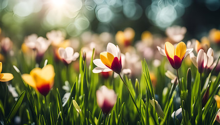 A vibrant field of colorful tulips in full bloom, bathed in the warm light of the sun, a perfect picture of springtimeの写真素材