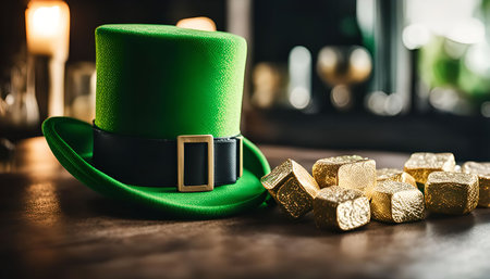 A green Leprechaun hat sits beside a pile of gold on a wooden table, celebrating St. Patrick's Day...