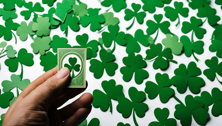 A hand holding a shamrock paper cutout, surrounded by numerous other green shamrock cutouts, creating a festive backdrop for St. Patrick's Day celebration.の写真素材