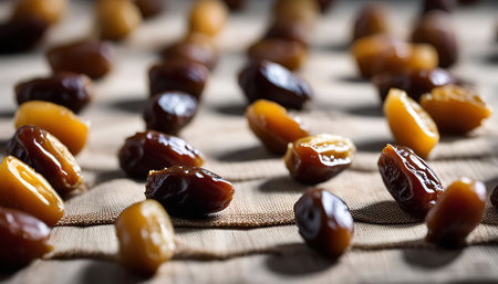 A close-up photograph showcasing a variety of dates scattered on a rustic surface, highlighting...