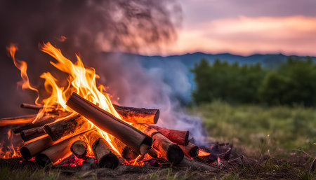 A crackling campfire burns brightly against a backdrop of a vibrant sunset. Smoke rises from the burning logs as the last rays of sunlight paint the sky with hues of orange, red, and purple.の写真素材