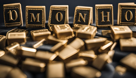 Close up of golden tiles spelling the word 'MONTH' on a dark background.
