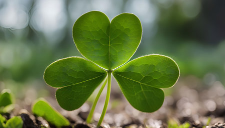 A close-up of a single plant, showing its three heart-shaped leaves with intricate detail and a...