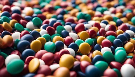A close up shot of colorful, smooth pebbles arranged together to create an abstract pattern and texture.の写真素材